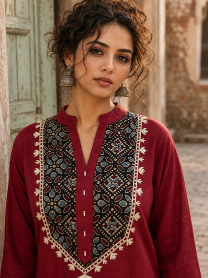 Luxe Maroon Cotton Kurta with Ajrakh Printed Yoke Panel & Delicate Embroidery
