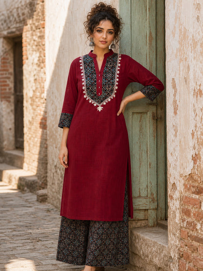 Luxe Maroon Cotton Kurta with Ajrakh Printed Yoke Panel & Delicate Embroidery