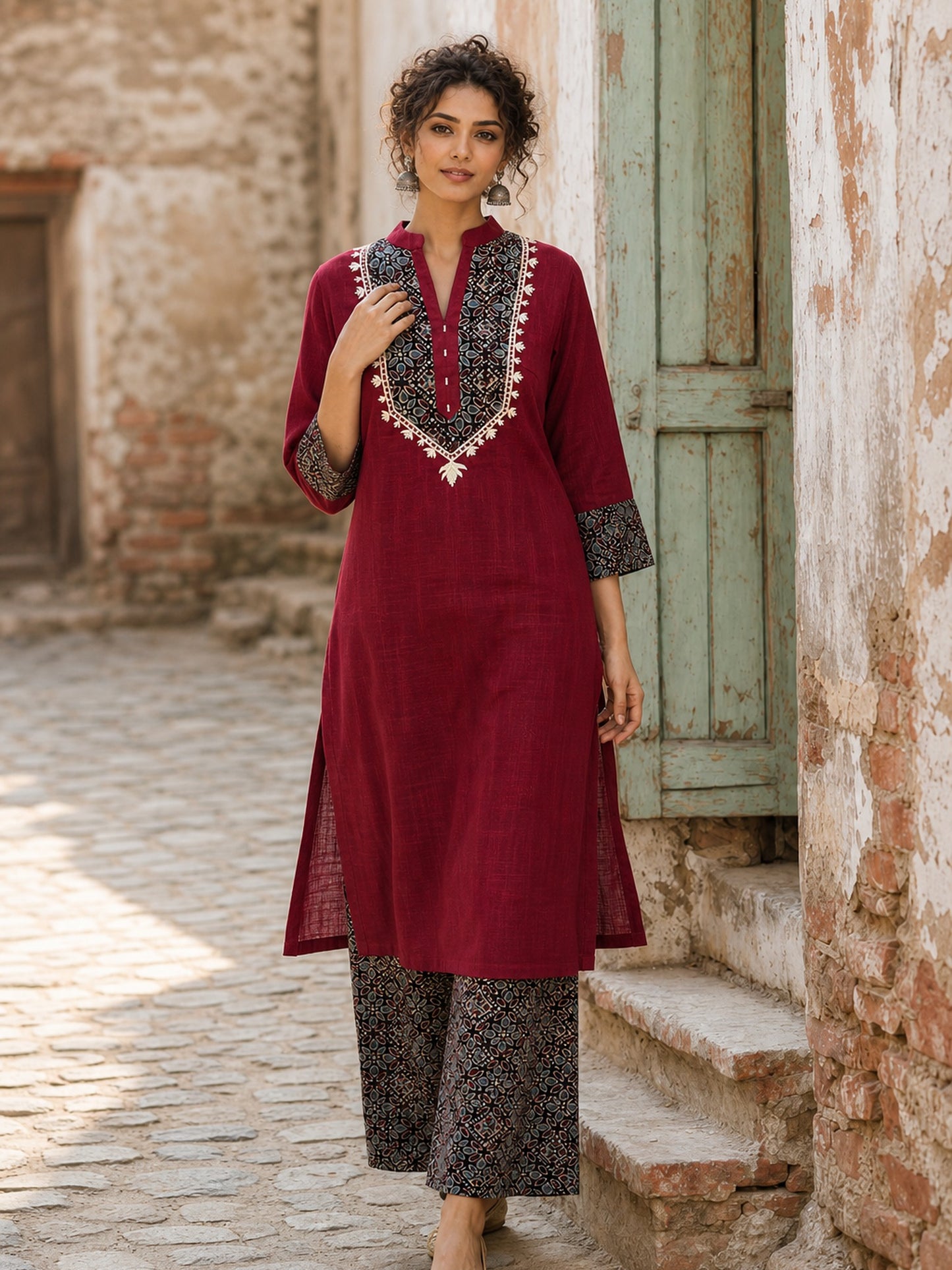 Luxe Maroon Cotton Kurta with Ajrakh Printed Yoke Panel & Delicate Embroidery