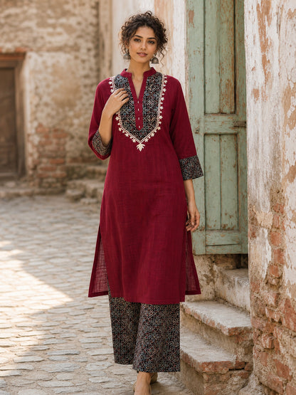 Luxe Maroon Cotton Kurta with Ajrakh Printed Yoke Panel & Delicate Embroidery