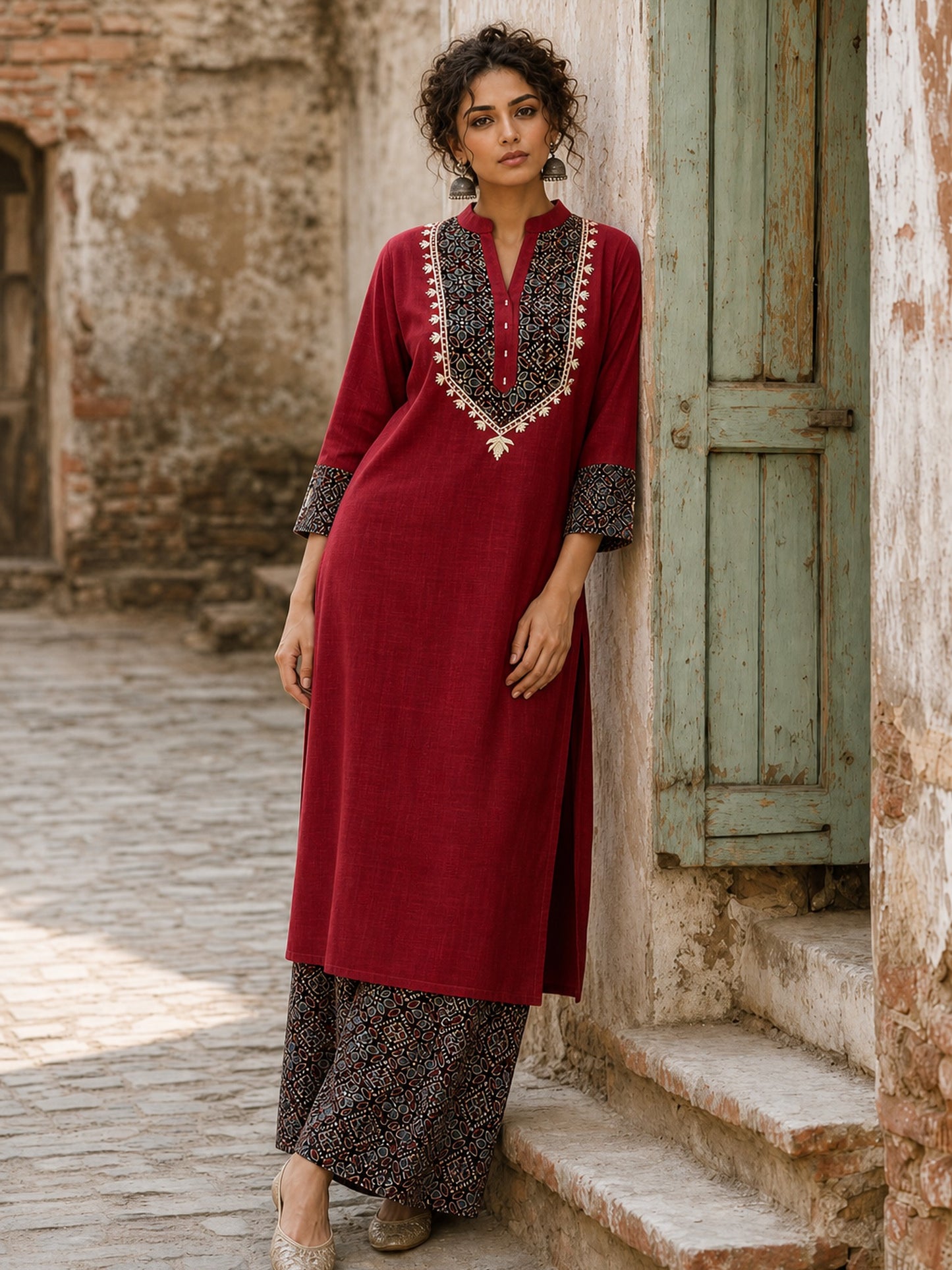 Luxe Maroon Cotton Kurta with Ajrakh Printed Yoke Panel & Delicate Embroidery