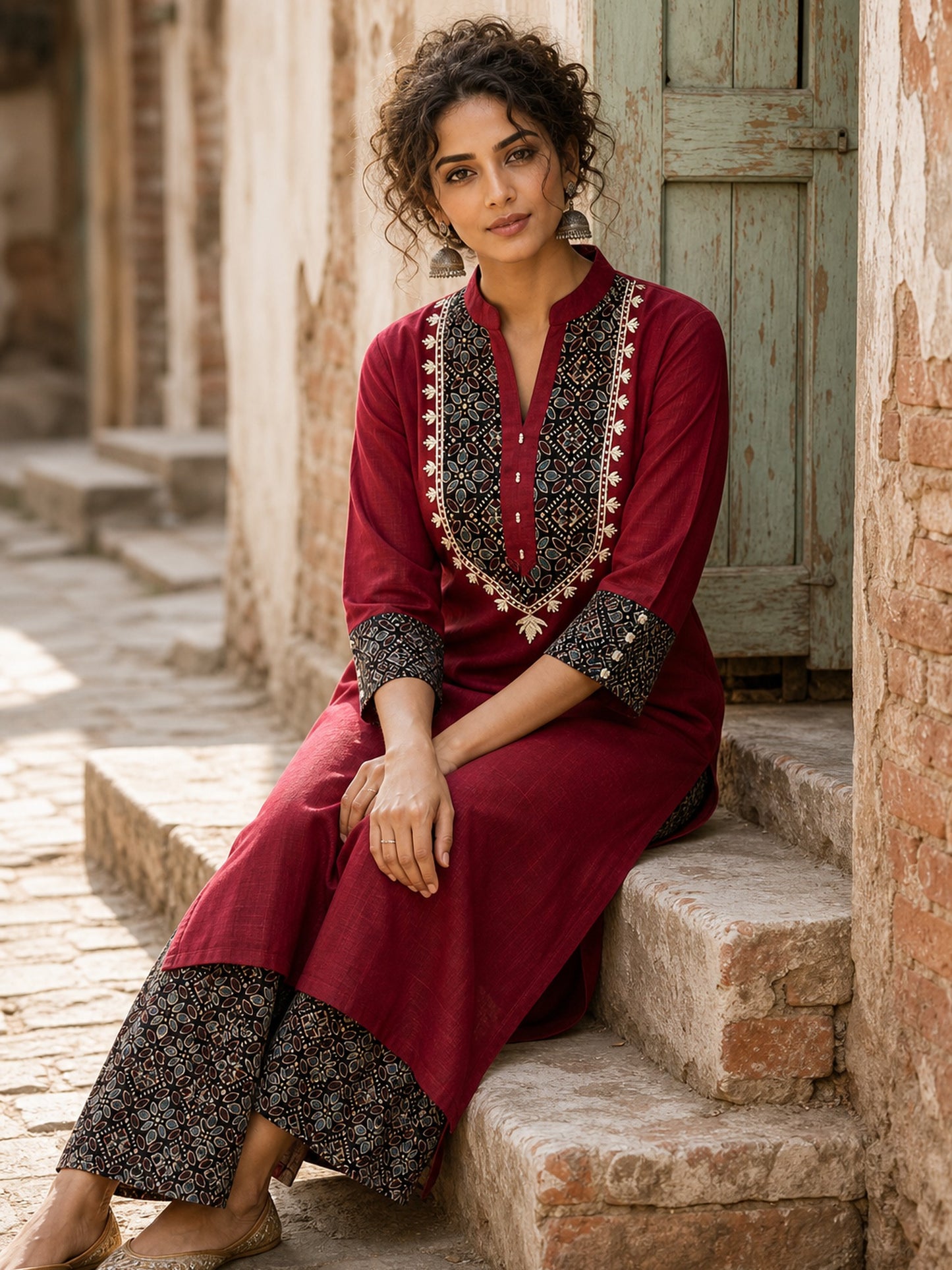 Luxe Maroon Cotton Kurta with Ajrakh Printed Yoke Panel & Delicate Embroidery