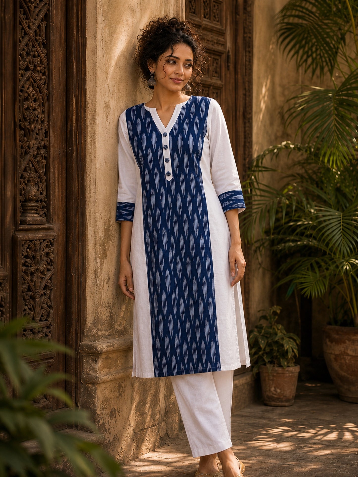 Minimal White Cotton Kurta with Navy Ikat Centre Panel & Coordinated Cuff Detail