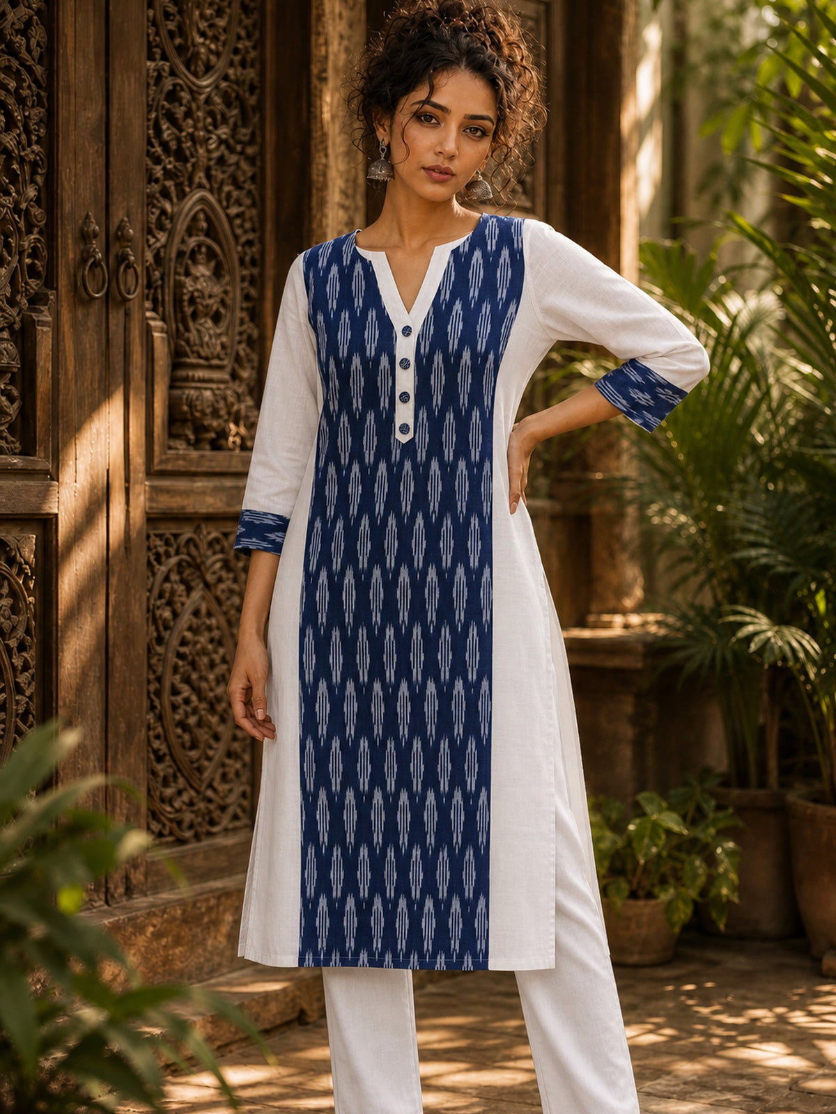 Minimal White Cotton Kurta with Navy Ikat Centre Panel & Coordinated Cuff Detail - Pant Optional