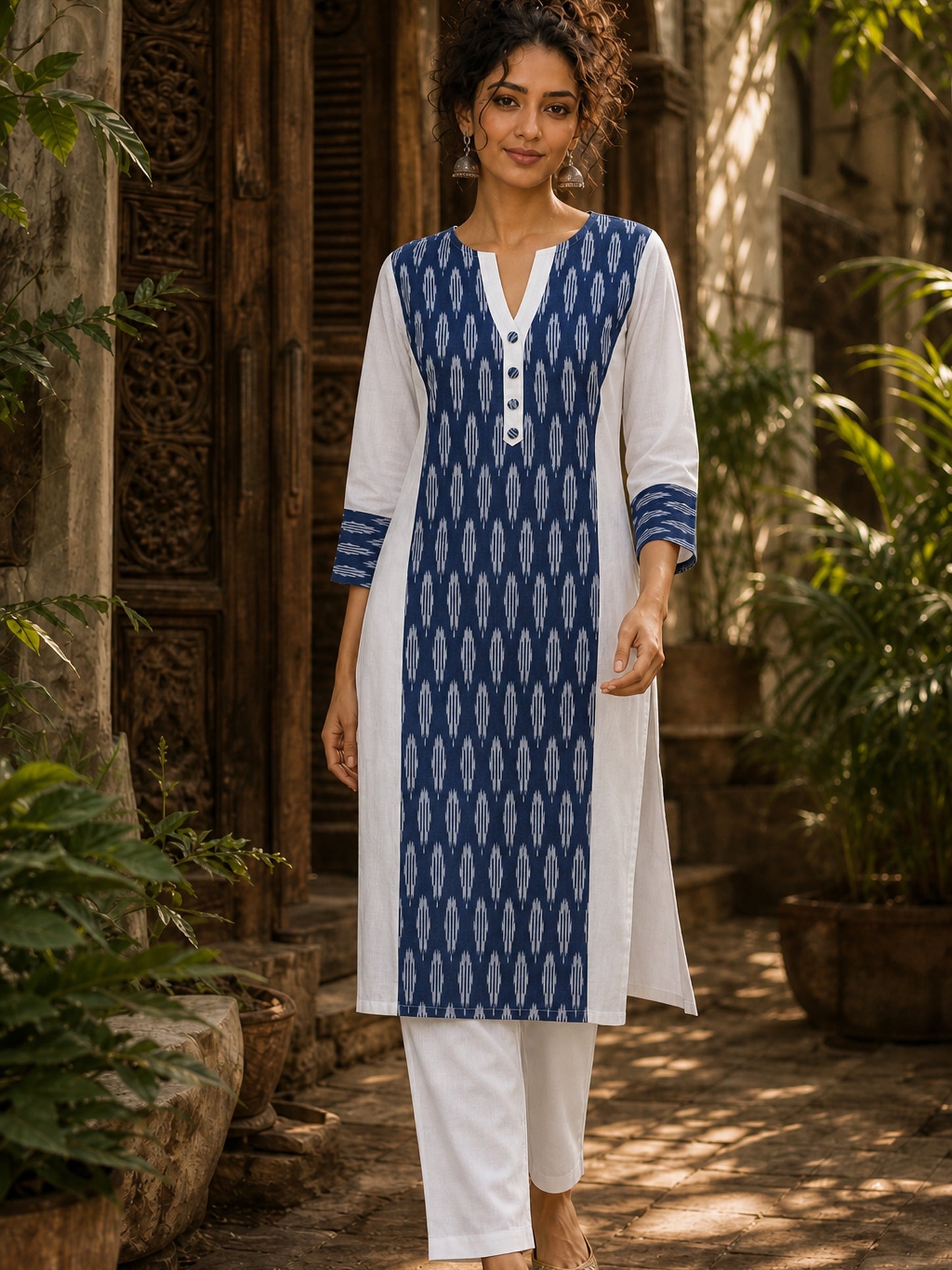 Minimal White Cotton Kurta with Navy Ikat Centre Panel & Coordinated Cuff Detail