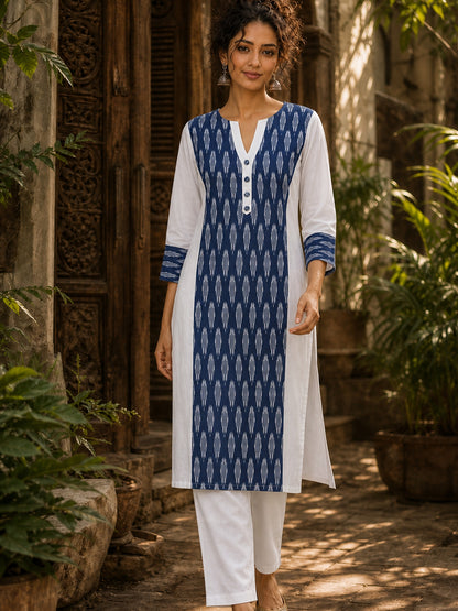 Minimal White Cotton Kurta with Navy Ikat Centre Panel & Coordinated Cuff Detail