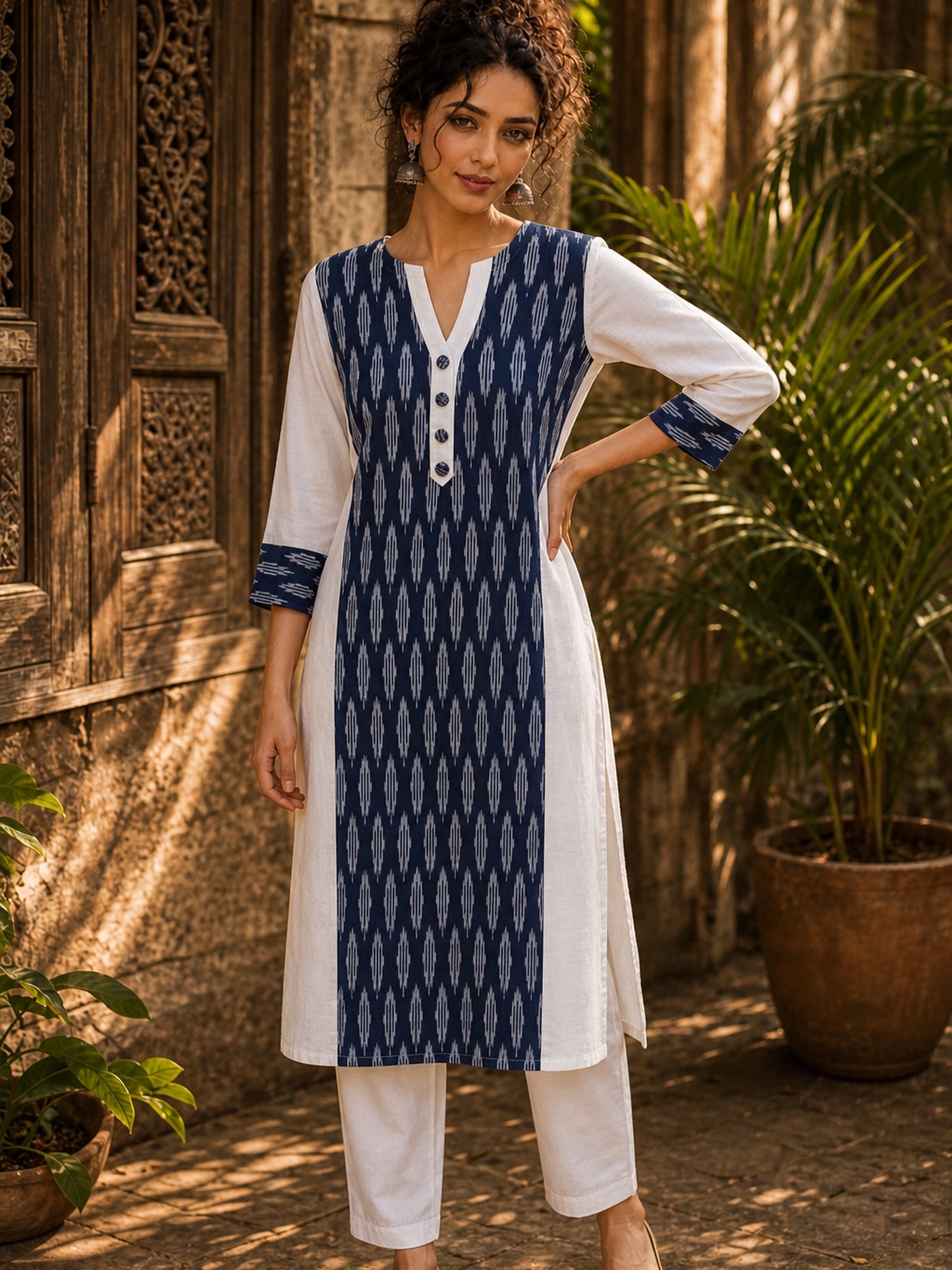 Minimal White Cotton Kurta with Navy Ikat Centre Panel & Coordinated Cuff Detail