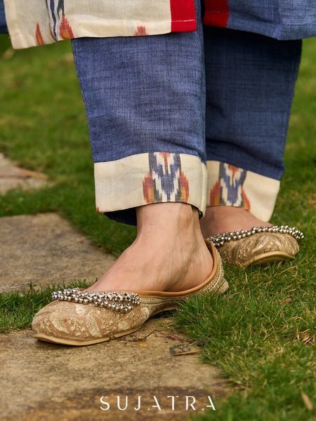 Classic Blue Handloom Straight Pant with Contrasting Ikat Border