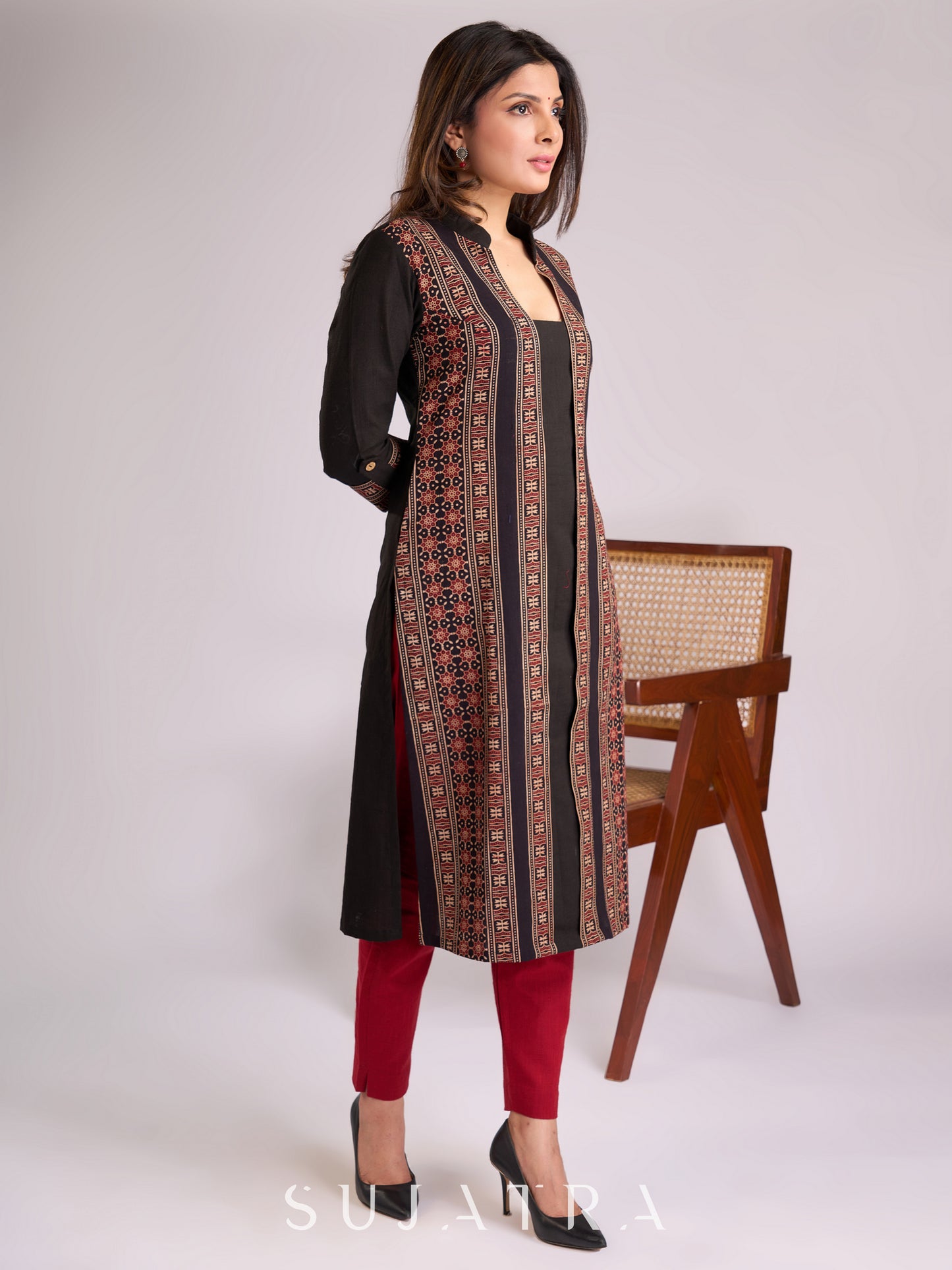 Timeless Black Cotton Kurta with Ajrakh Accents