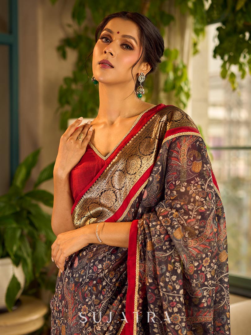 Flourishing Dark Grey All-Over Kalamkari Floral Chanderi Saree with Gold Woven Zari Border & Maroon Hem Accent