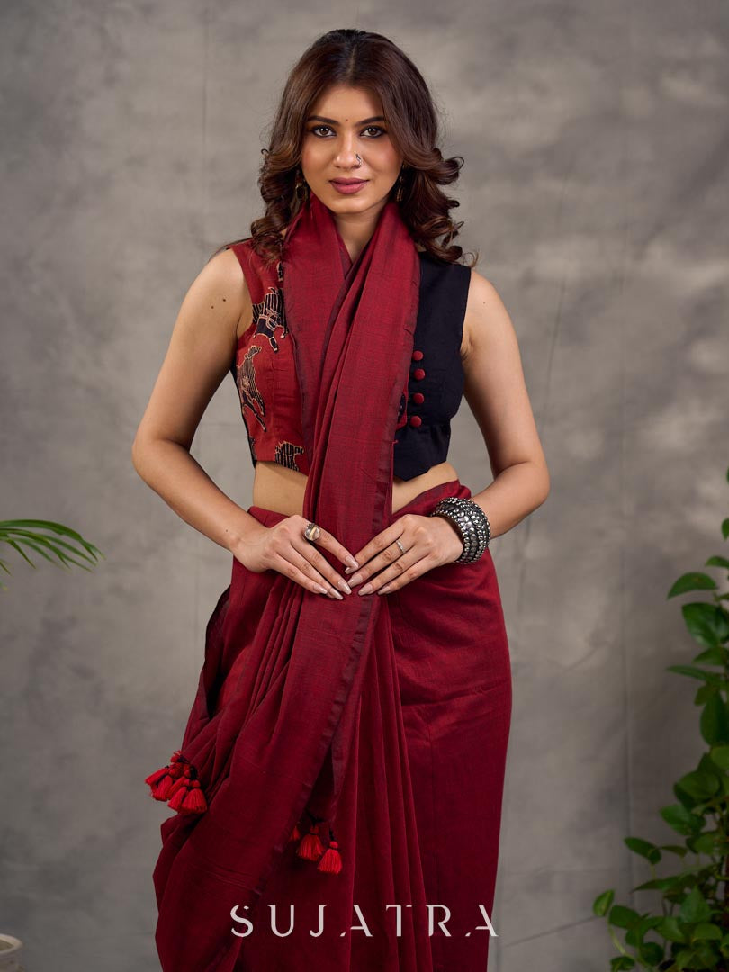 Rich Black Maroon Cotton Silk Overlapping Sleeveless Blouse with Ajrakh Animal Print