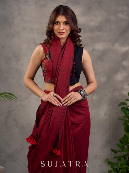 Rich Black Maroon Cotton Silk Overlapping Sleeveless Blouse with Ajrakh Animal Print