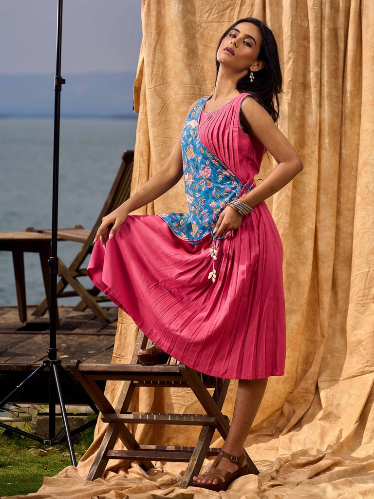 Rose Pink Pleated Wrap Dress with Floral Printed Blue Panel