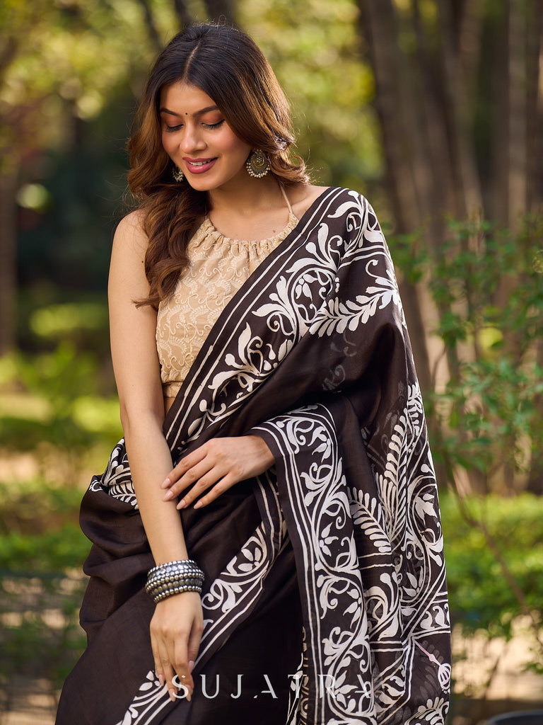 Timeless Dark Brown Pure Silk Hand Batik Saree with Bold Prints and Statement Borders
