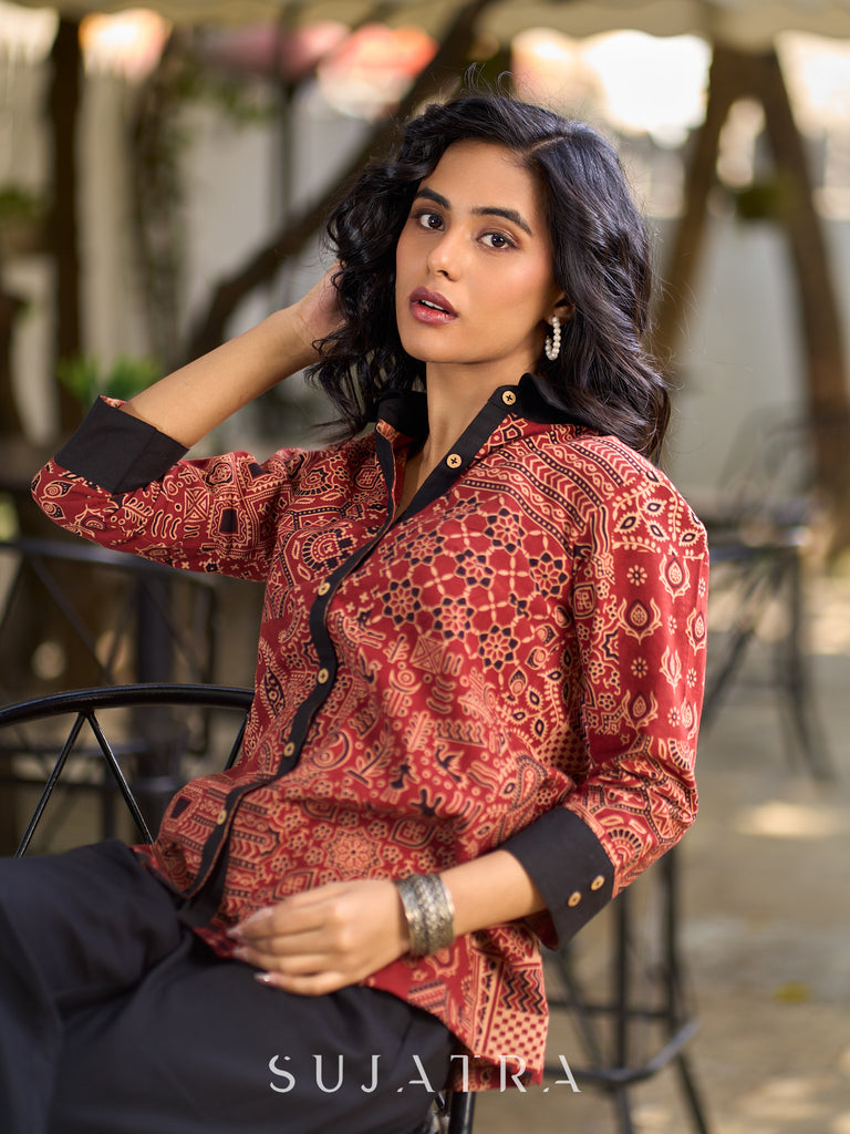 Artisan Maroon Ajrakh Patchwork Printed Cotton Shirt with Contrast Collar & Cuffs