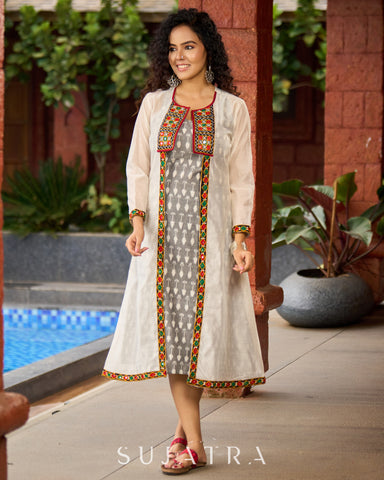 Minimalist Grey Ikat Sleeveless Dress  - Mirror Work Jacket Additional