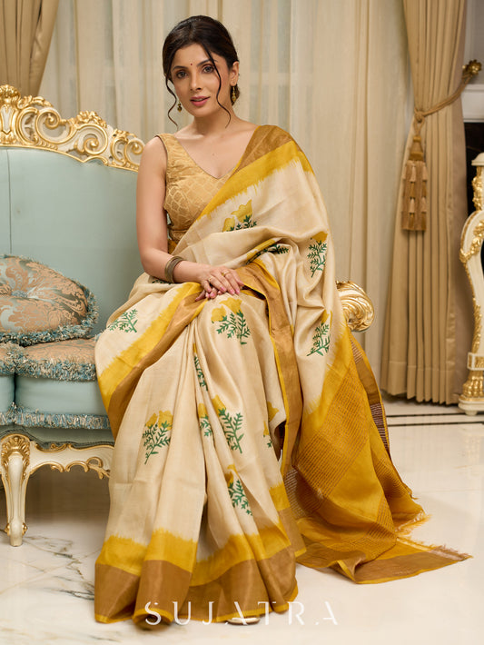 Exclusive pure tusser silk floral printed saree with mustard pallu