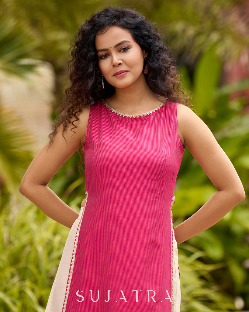 Elegant Striped Kurta in Pink with High Slit - Flared Pants Additional