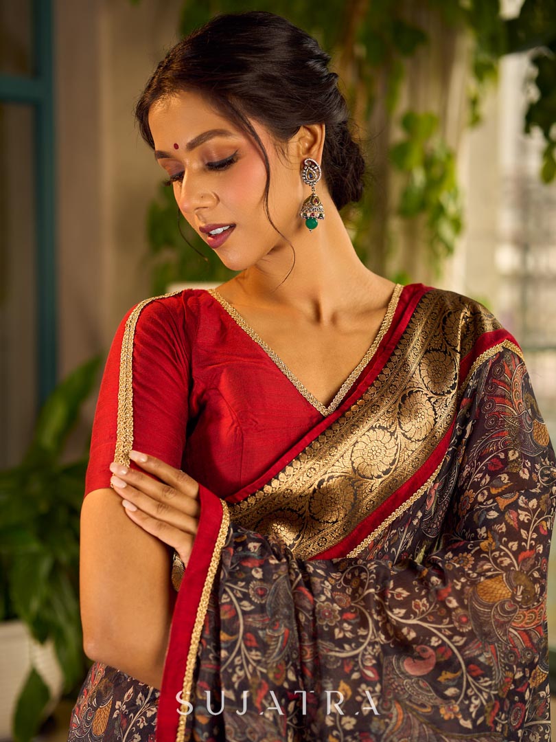 Flourishing Dark Grey All-Over Kalamkari Floral Chanderi Saree with Gold Woven Zari Border & Maroon Hem Accent
