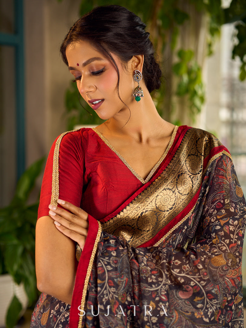 Simple Maroon Cotton Silk Blouse with lace detailing