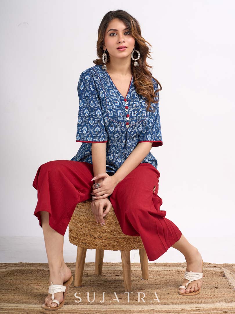 Indigo Floral Printed Summer Top with Contrasting Maroon Highlights