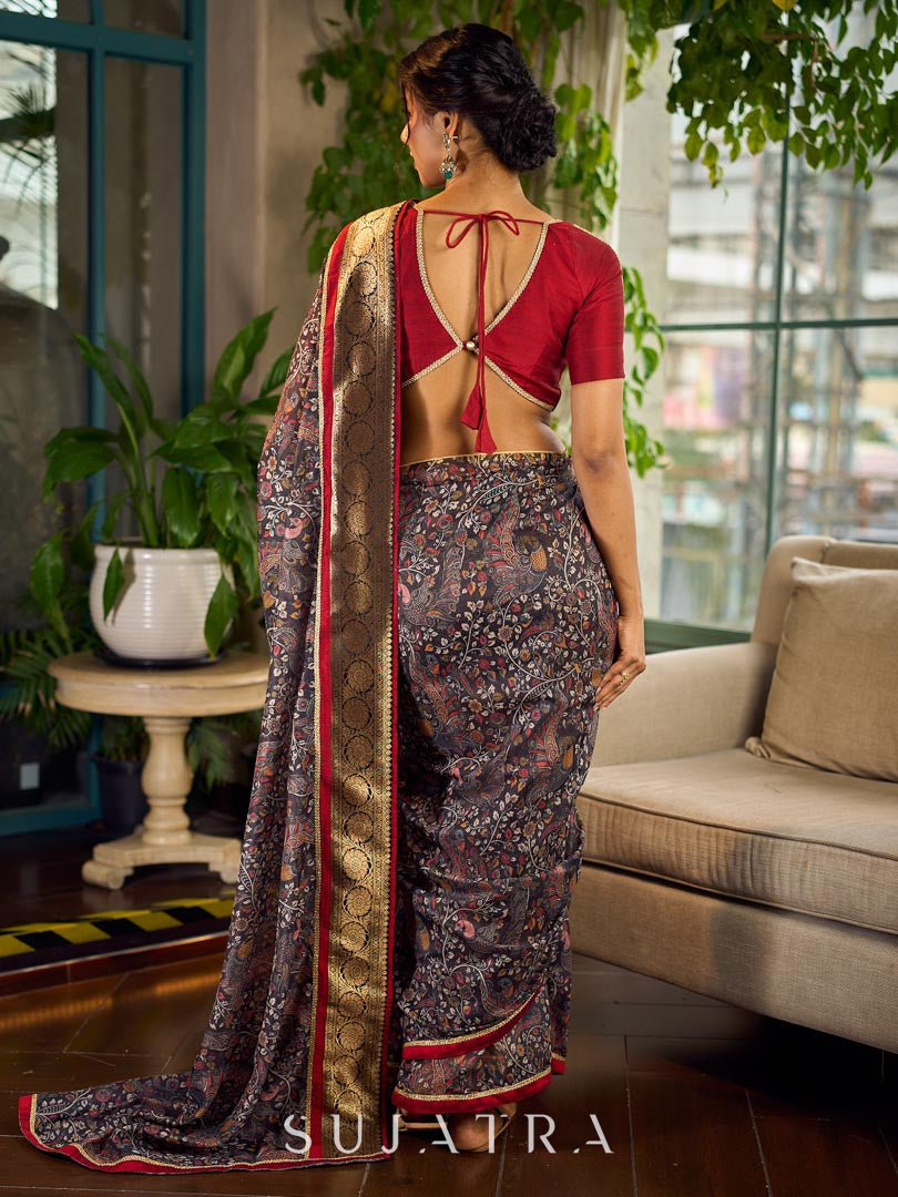Flourishing Dark Grey All-Over Kalamkari Floral Chanderi Saree with Gold Woven Zari Border & Maroon Hem Accent