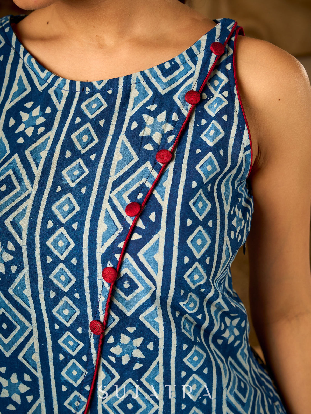 Dussehra Sale — Elegant Indigo Geometric Cotton Top With An Asymmetrical Overlap Front and Maroon Highlights - Pant Optional