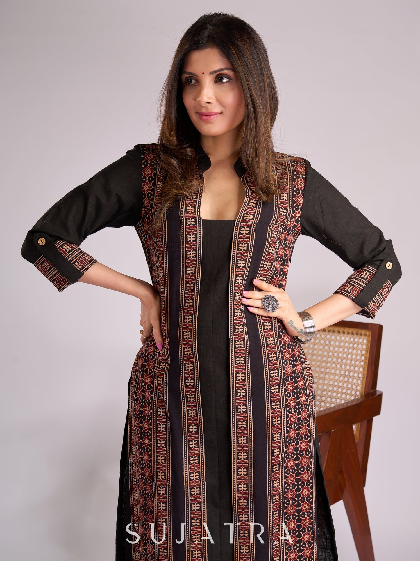 Timeless Black Cotton Kurta with Ajrakh Accents
