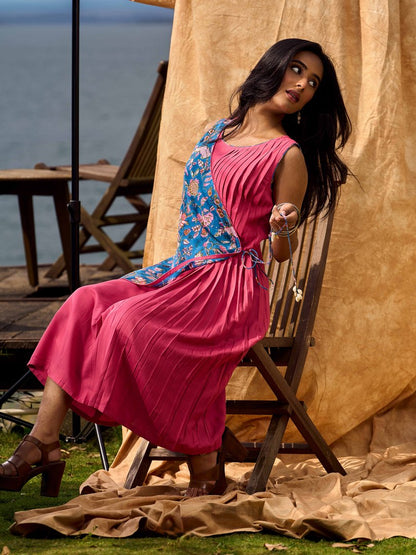 Rose Pink Pleated Wrap Dress with Floral Printed Blue Panel