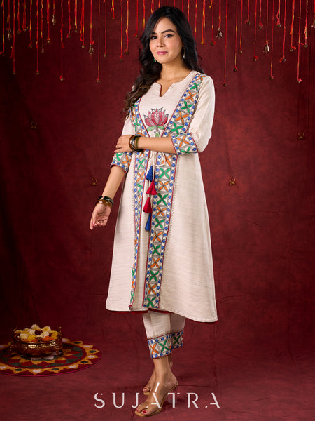 Ivory Handloom Jacket-Style Kurta with Hand Painted Madhubani & Gond Detailing