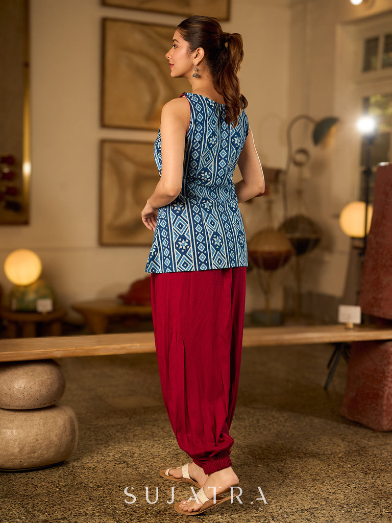 Elegant Indigo Geometric Cotton Top With An Asymmetrical Overlap Front and Maroon Highlights