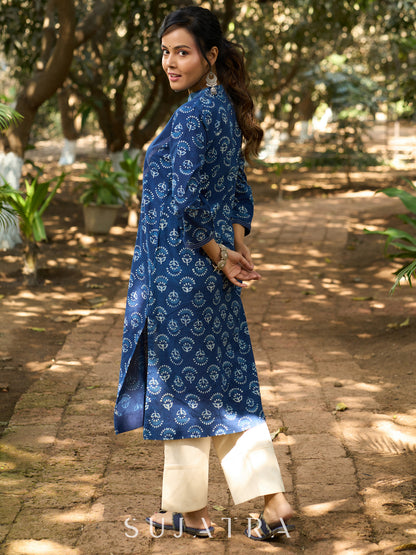 Indigo Allure Straight Kurta with Side Panels & Sleeves Adorned with Delicate Kantha Stitch detailing on Princess Line and Sleeves