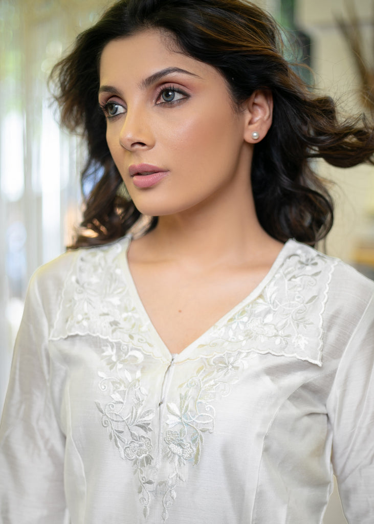 Smart Chanderi White Kurta with Embroidered Collar & Yoke - Pant Optional