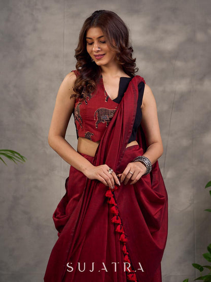 Rich Black Maroon Cotton Silk Overlapping Sleeveless Blouse with Ajrakh Animal Print
