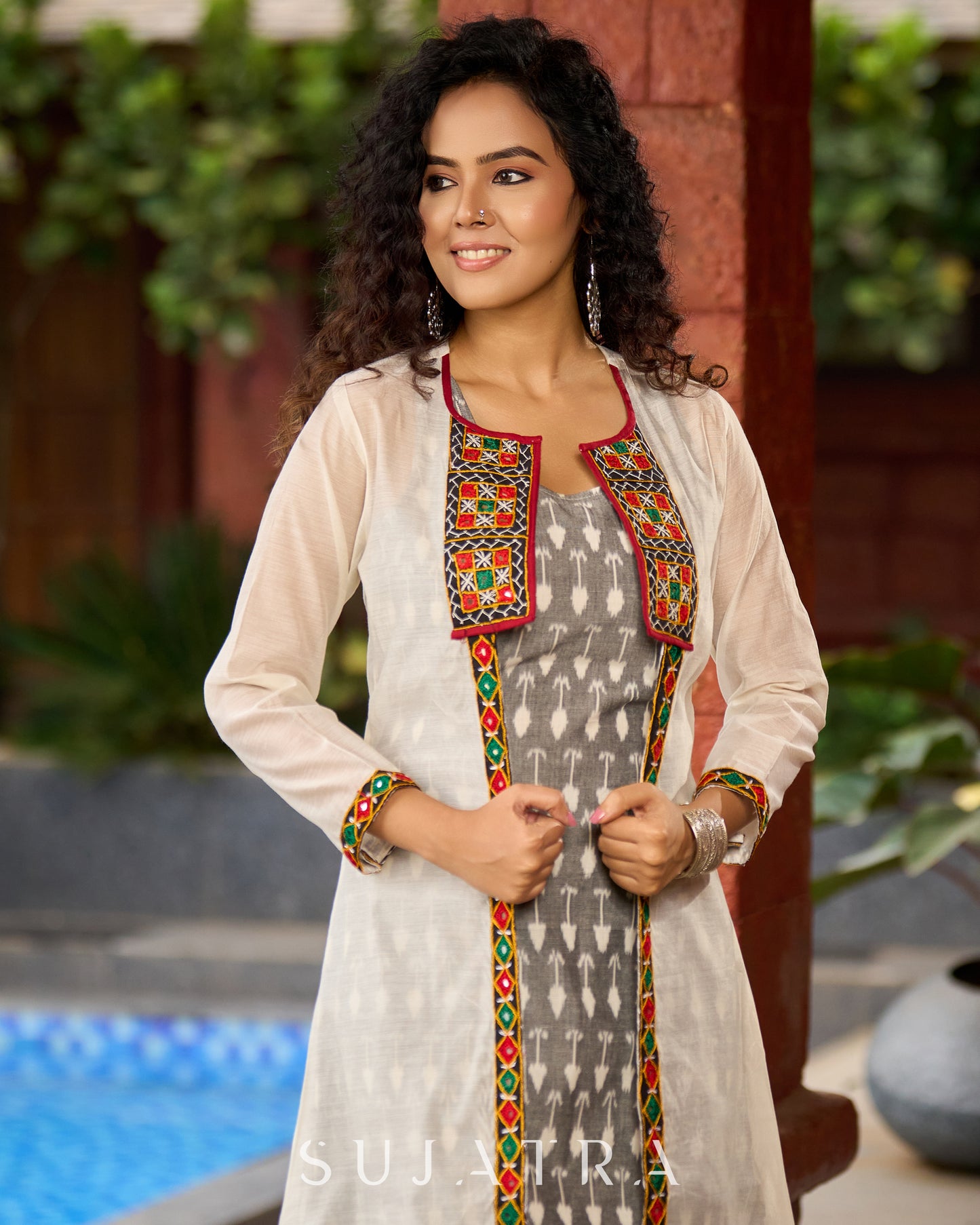 Minimalist Grey Ikat Sleeveless Dress  - Mirror Work Jacket Additional