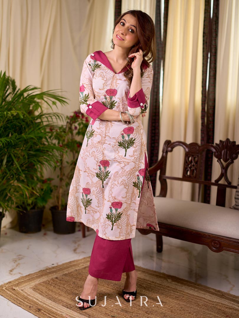 Radiant Off-White Cotton Kurta with Floral Printed Design and Contrasting Rose Accents