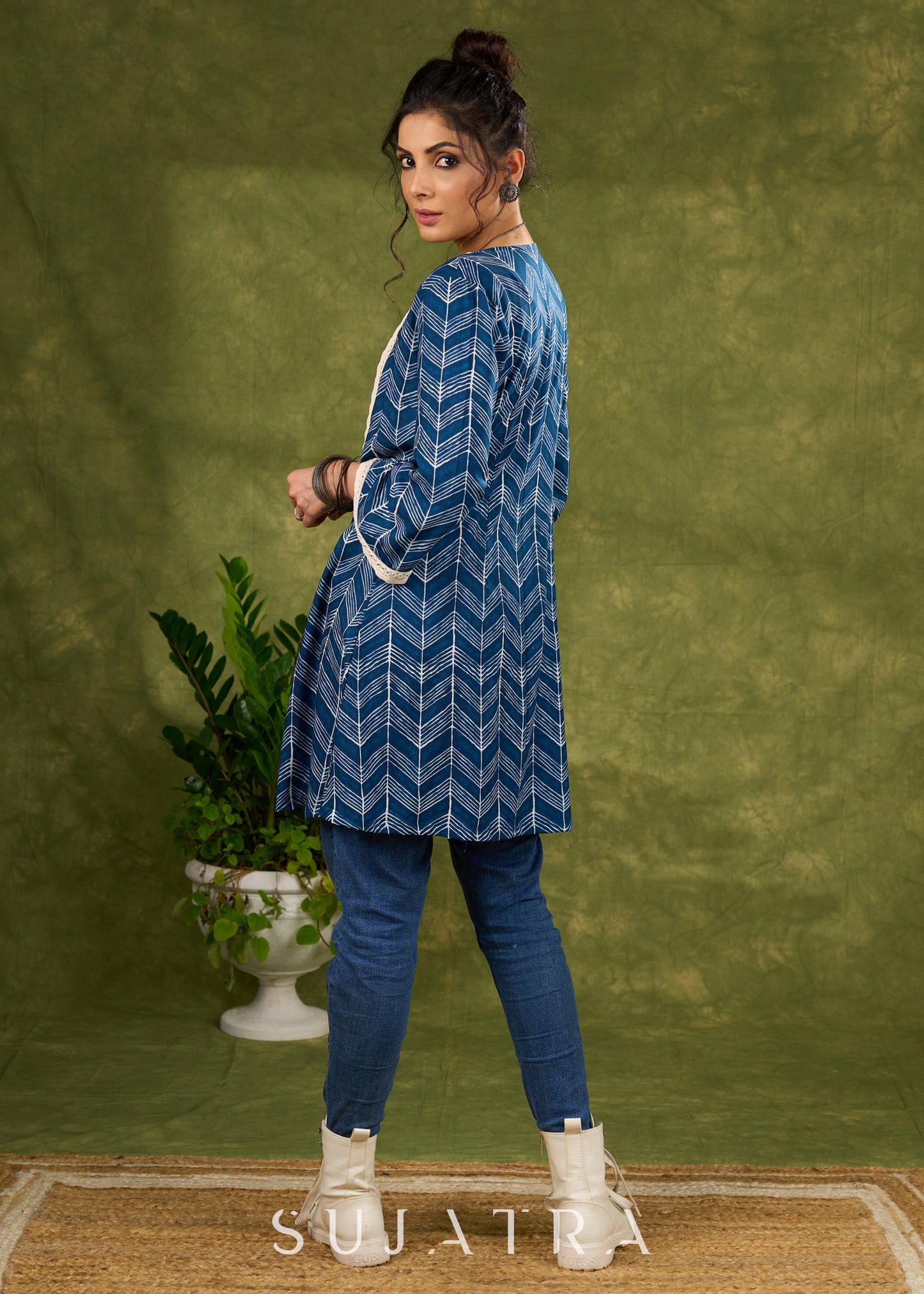 Boho Chic Indigo Blue Shrug With Vibrant Print & Whimsical Laces