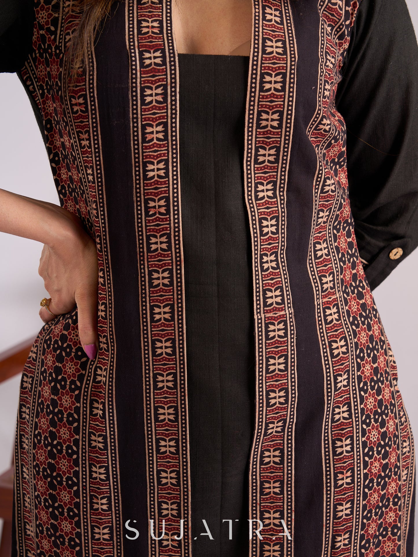 Timeless Black Cotton Kurta with Ajrakh Accents