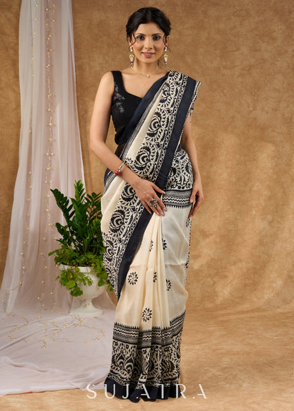 Elegant Off White Pure Silk Hand Block Printed Saree