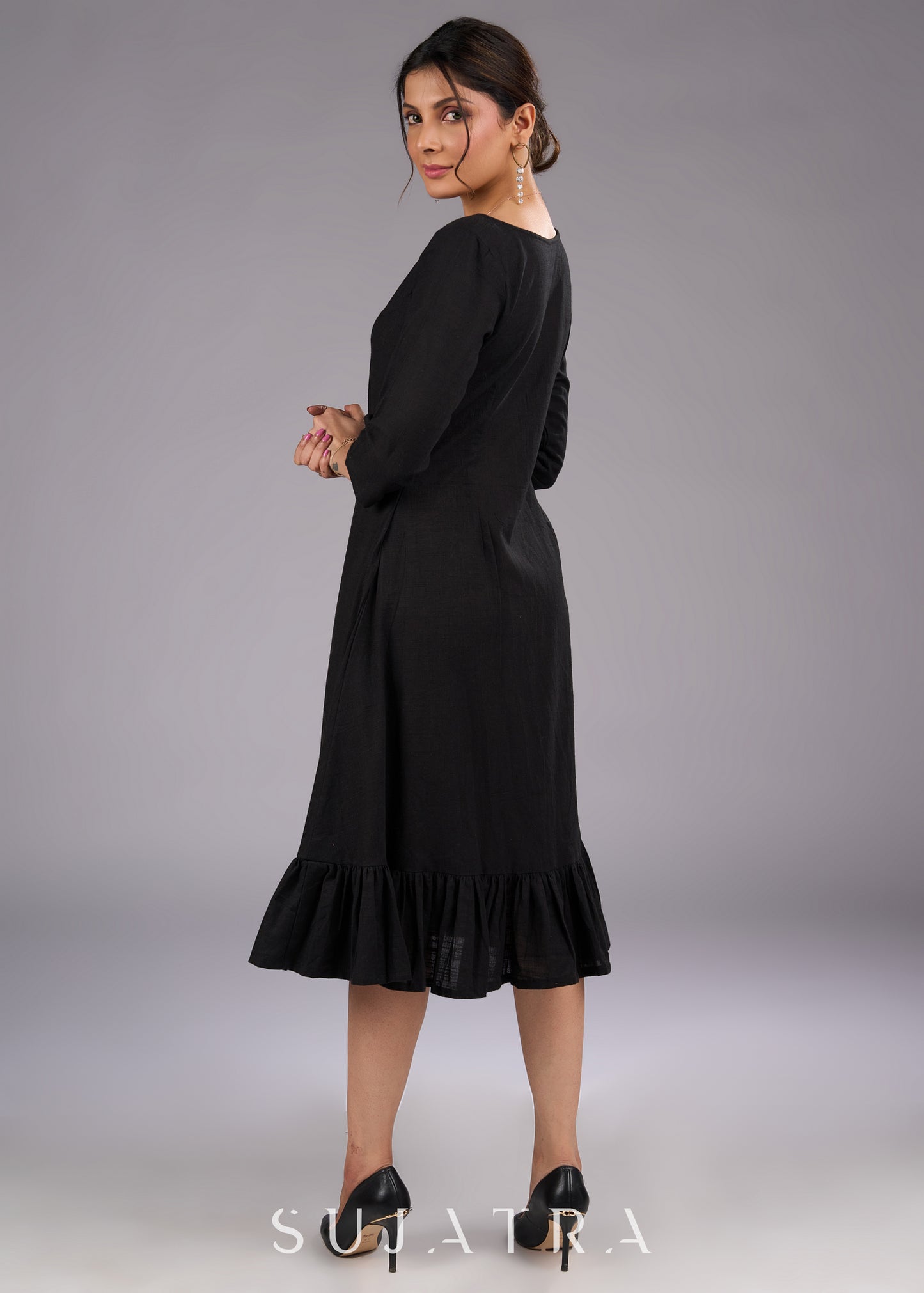 Sophisticated Black Cotton Dress with Frill Hem - Ajrakh patchwork jacket optional
