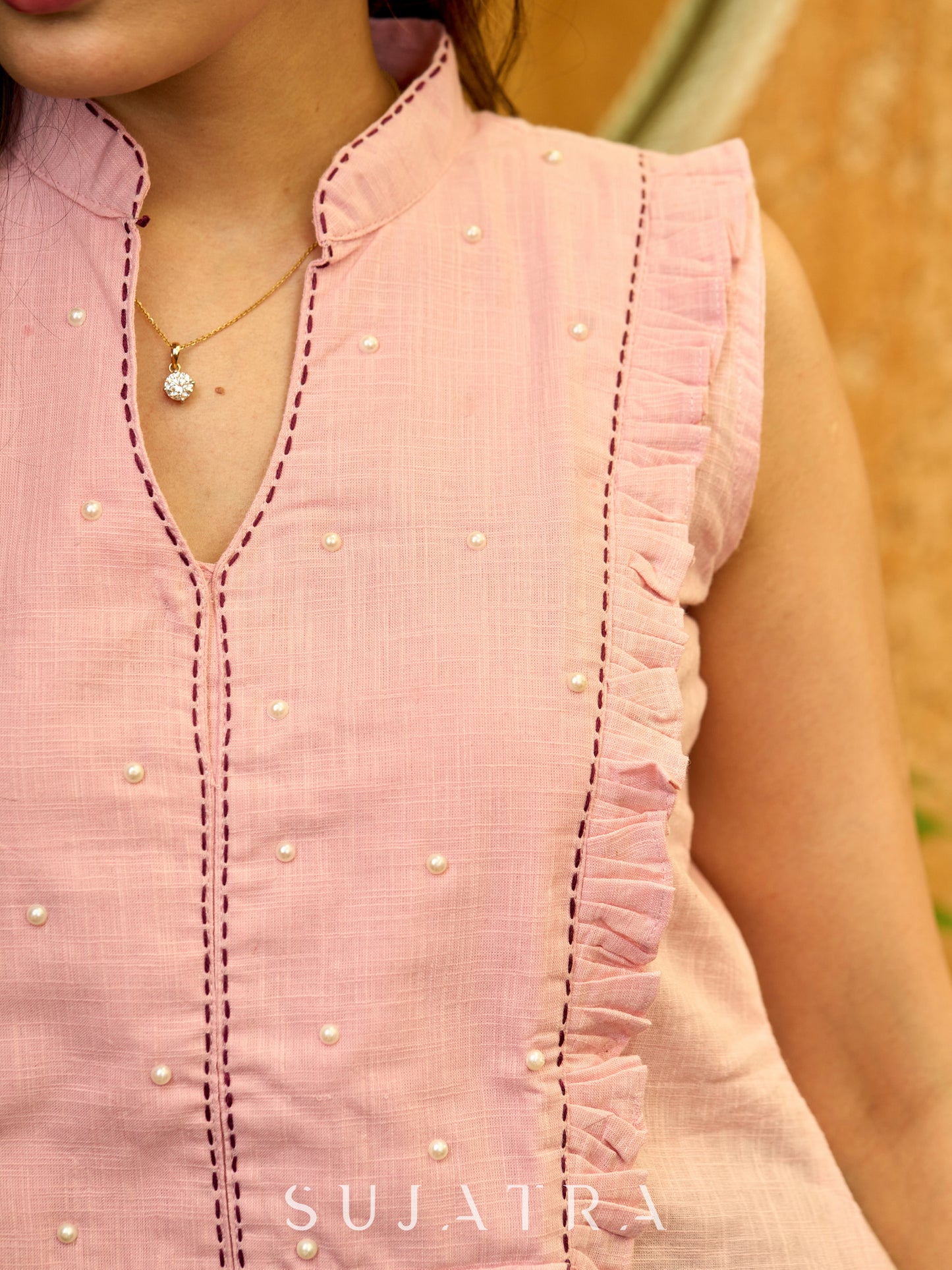 Pretty Pastel Pink Cotton Top with Pearl Embellished Frilled Yoke and Kantha Embroidery