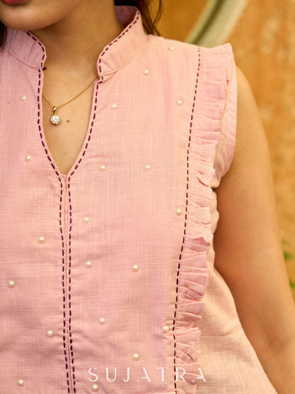Pretty Pastel Pink Cotton Top with Pearl Embellished Frilled Yoke and Kantha Embroidery