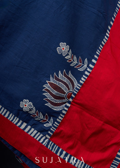 Exclusive Hand-painted Madhubani & Indigo combination saree with Hand-painted Motif on Pallu