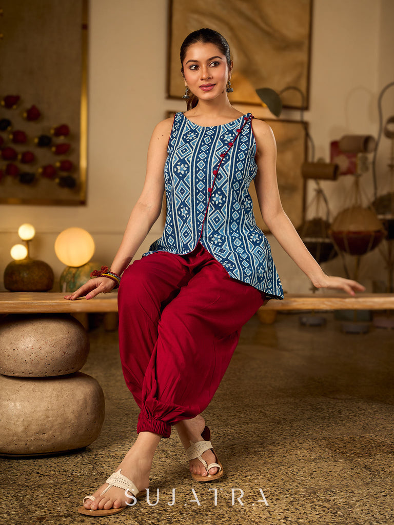 Elegant Indigo Geometric Cotton Top With An Asymmetrical Overlap Front and Maroon Highlights
