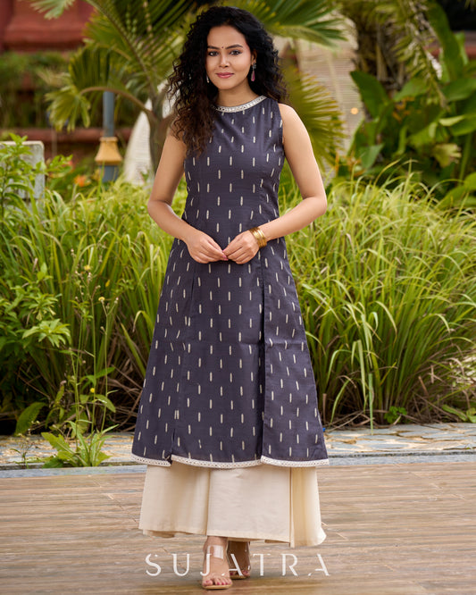 Smoky Grey High-Slit Kurta in Self-Woven  Cotton Silk  -  Double Flared Pant Additional