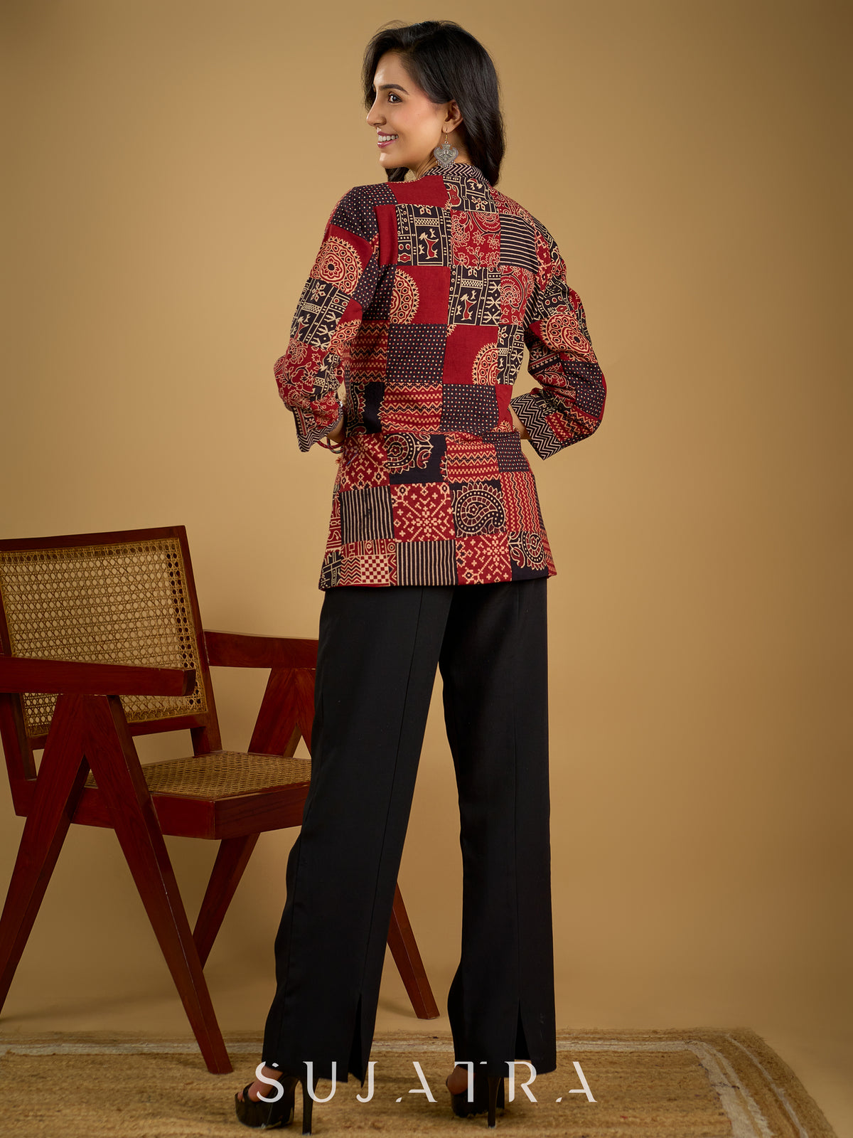 Handcrafted Ajrakh patchwork cotton jacket with cotton slub inner. - Jacket + Top Set