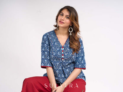Indigo Floral Printed Summer Top with Contrasting Maroon Highlights