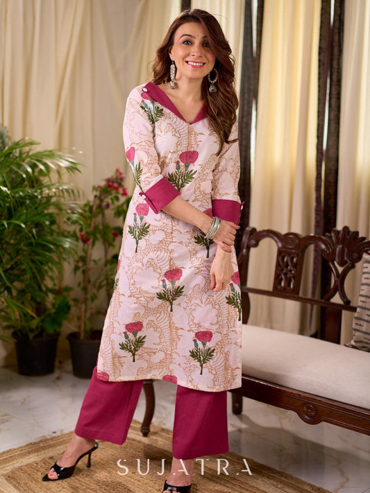 Radiant Off-White Cotton Kurta with Floral Printed Design and Contrasting Rose Accents