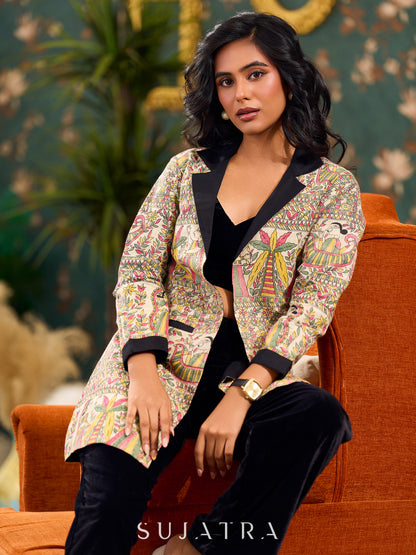 Madhubani Printed Jacket Elegantly Highlighted With Black Silk Collar, Cuffs, And Pockets - Velvet Pant optional