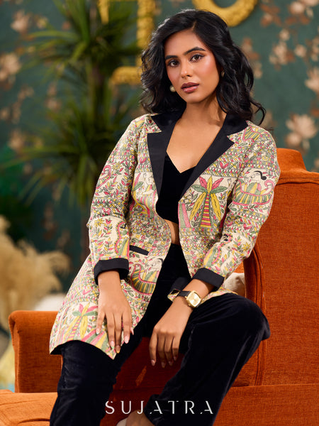 Madhubani Printed Jacket Elegantly Highlighted With Black Silk Collar, Cuffs, And Pockets